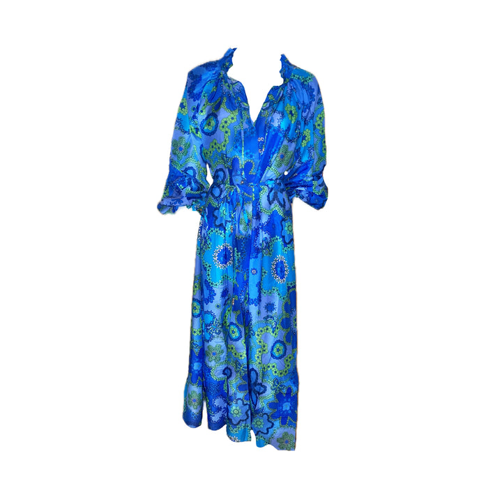 "ALEGRIA" Seiden Baumwoll Kaftan Kleid  - Azure Bloom