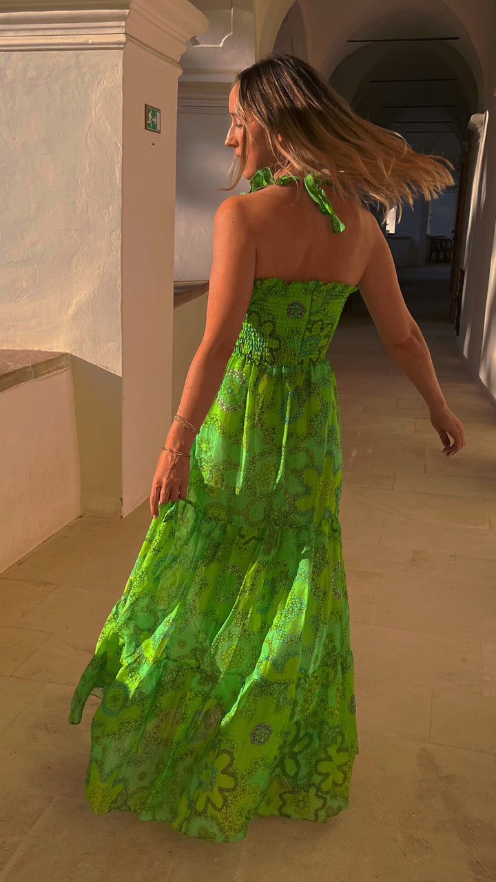 "GIRL GOT POCKETS" Shirred Silk/Linen Dress - Lime Bloom Introvertie VIENNA