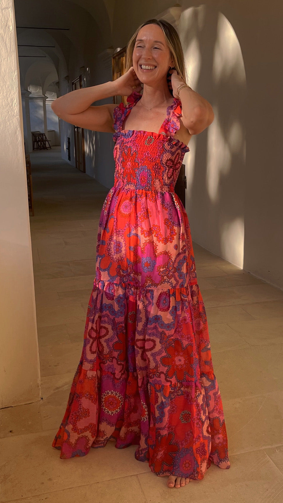 "GIRL GOT POCKETS" Shirred Silk/Linen Dress - Pink Bloom Introvertie VIENNA