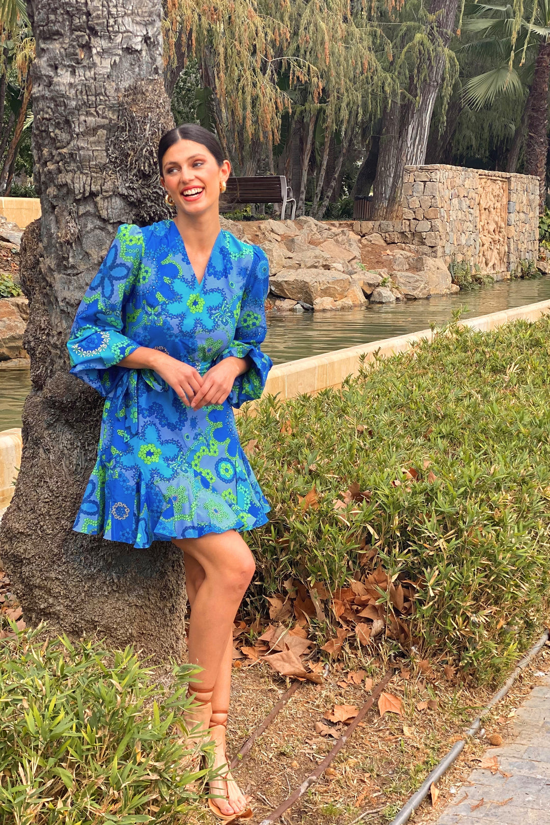 "SOHO MINI" Silk Cotton Balloon Sleeve Mini Dress - Azure Bloom Introvertie VIENNA