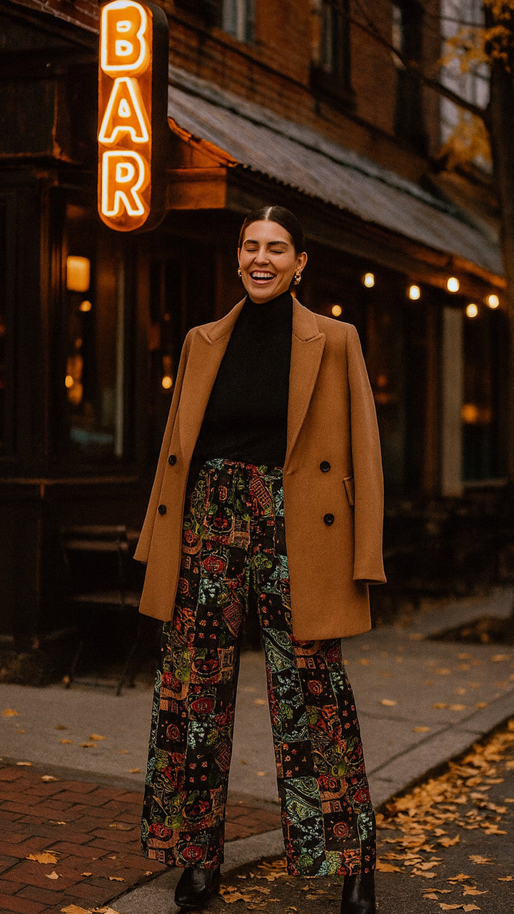 "JOHNNY" Stretch Silk Satin Palazzo Pants - Azulejo Dark Introvertie VIENNA