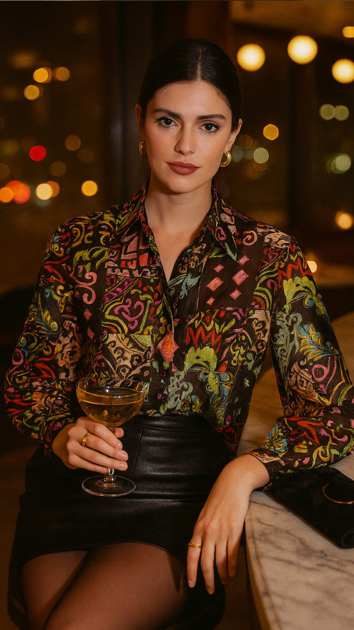 "JUNE" Silk Linen Blouse - Azulejo Dark Introvertie VIENNA