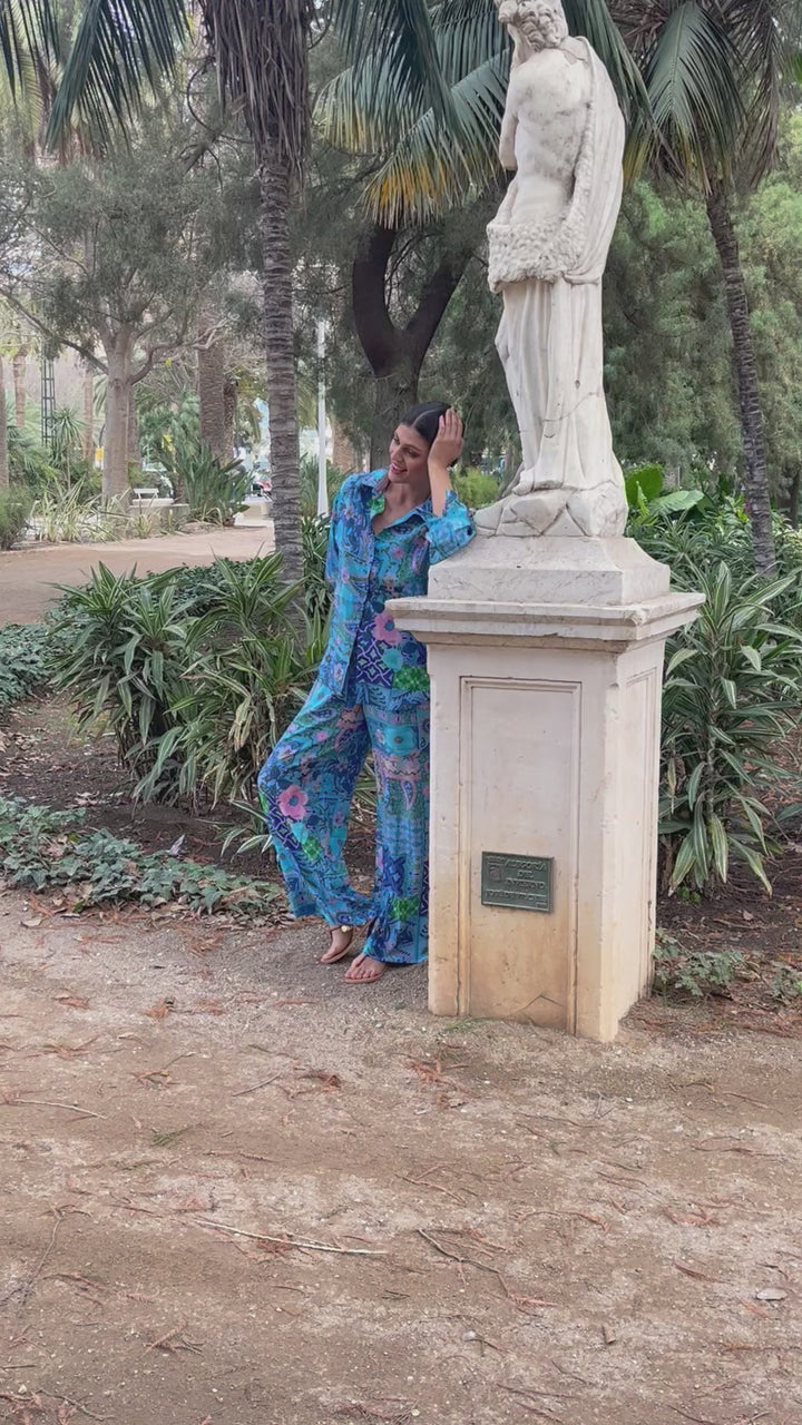 "JOHNNY" Seidenhose - Mosaic Azure