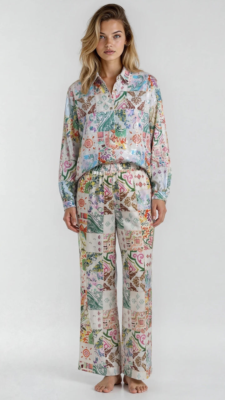 "JOHNNY" Stretch Silk Satin Palazzo Pants - Azulejo Dark Introvertie VIENNA