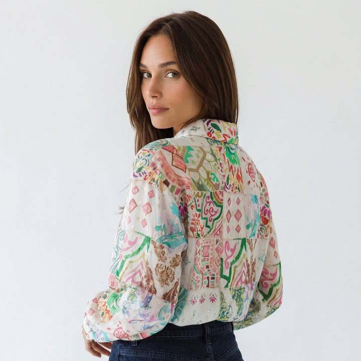 "JUNE" Silk Cotton Lurex Blouse - Azulejo Light Introvertie VIENNA