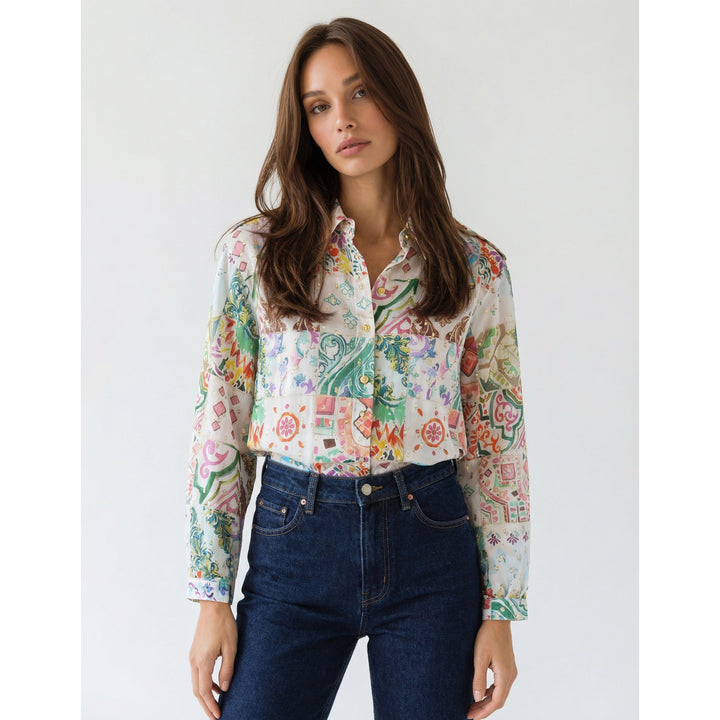 "JUNE" Silk Cotton Lurex Blouse - Azulejo Light Introvertie VIENNA