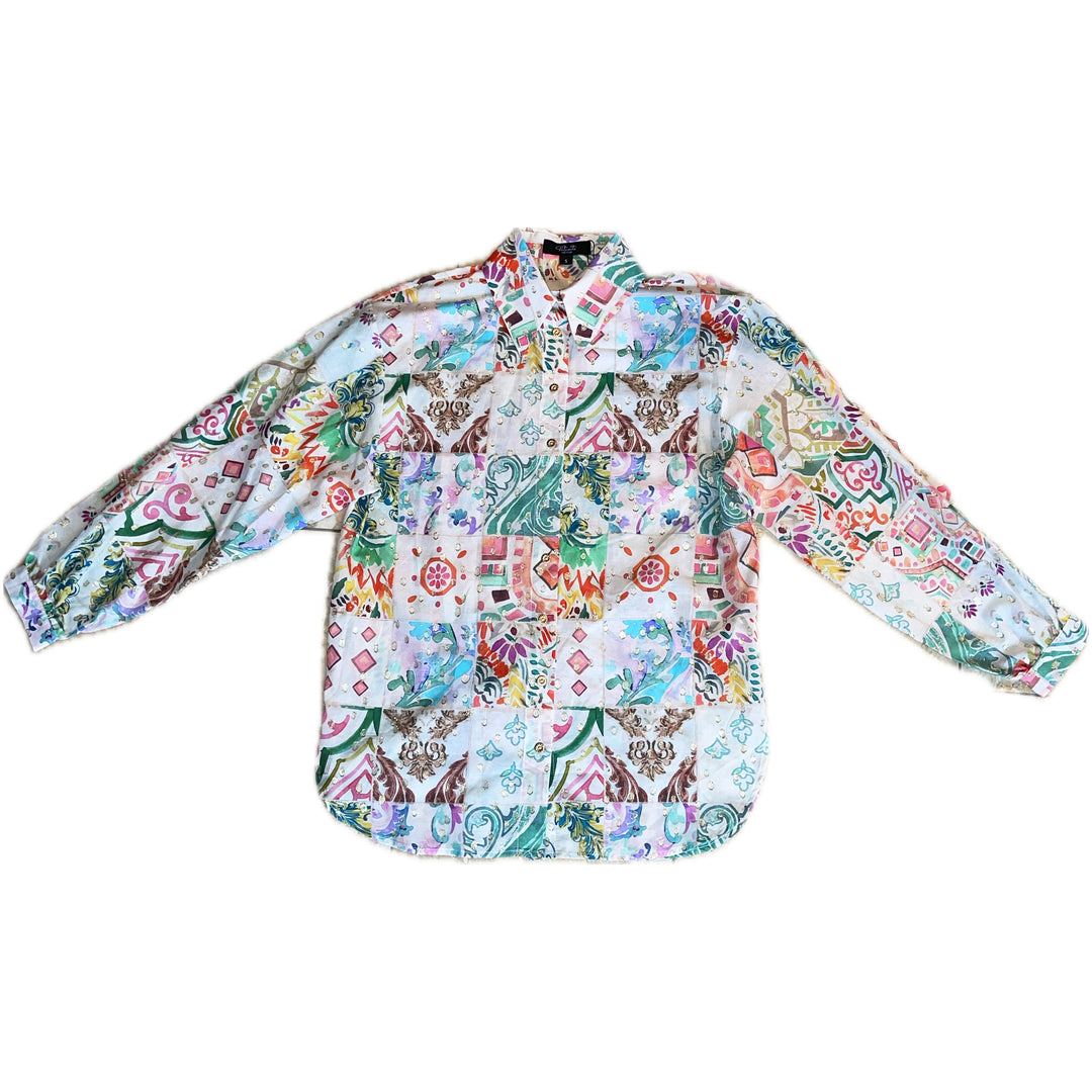 "JUNE" Silk Cotton Lurex Blouse - Azulejo Light