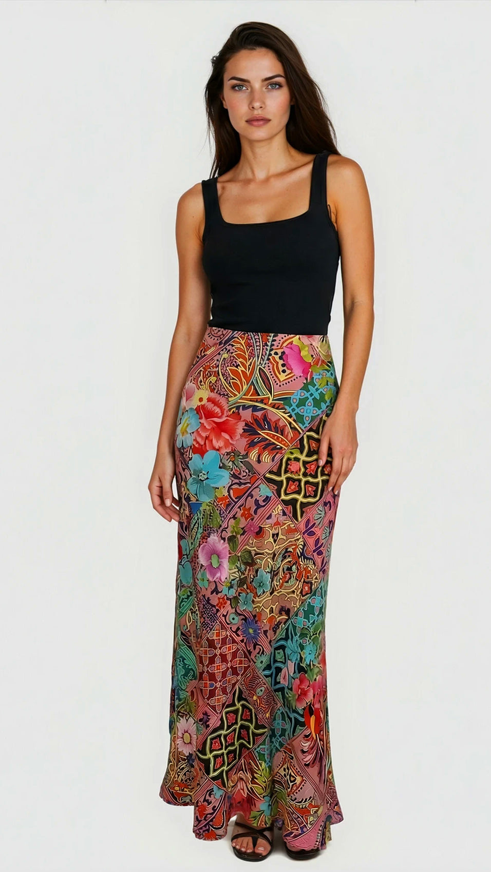 "OIA" Bias Cut Silk Skirt Maxi - Mosaic Multi Introvertie VIENNA
