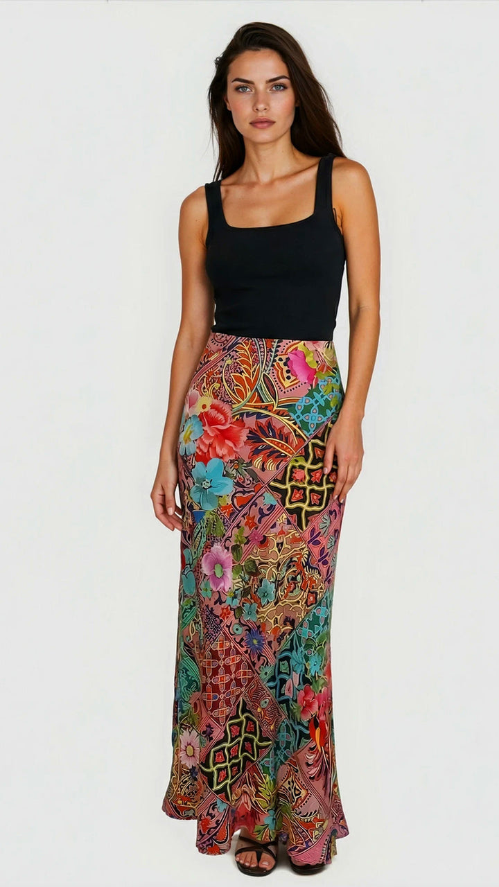 "OIA" Bias Cut Silk Skirt Maxi - Mosaic Multi Introvertie VIENNA