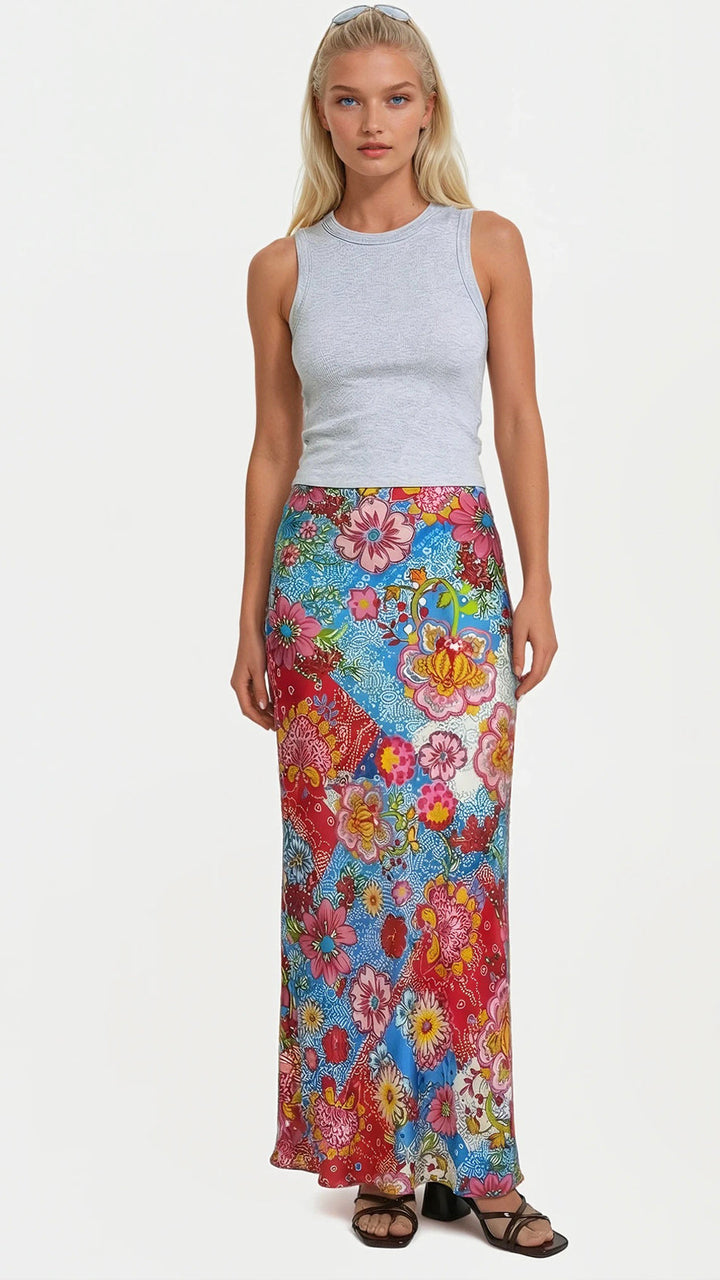 "OIA" Bias Cut Silk Skirt Maxi - Pink Petal Patchwork Introvertie VIENNA