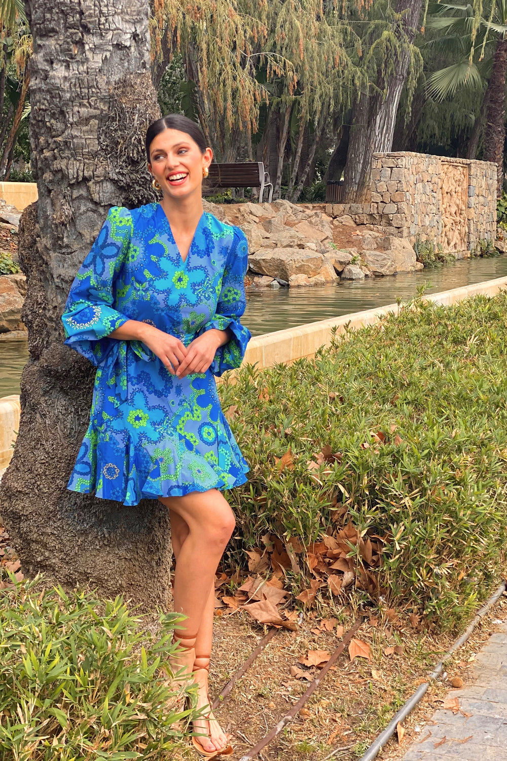 "SOHO MINI" Silk Cotton Balloon Sleeve Mini Dress - Azure Bloom Introvertie VIENNA