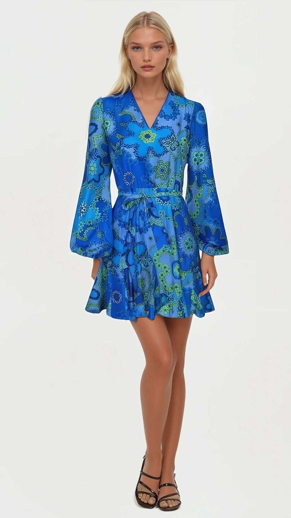 "SOHO MINI" Silk Cotton Balloon Sleeve Mini Dress - Azure Bloom Introvertie VIENNA
