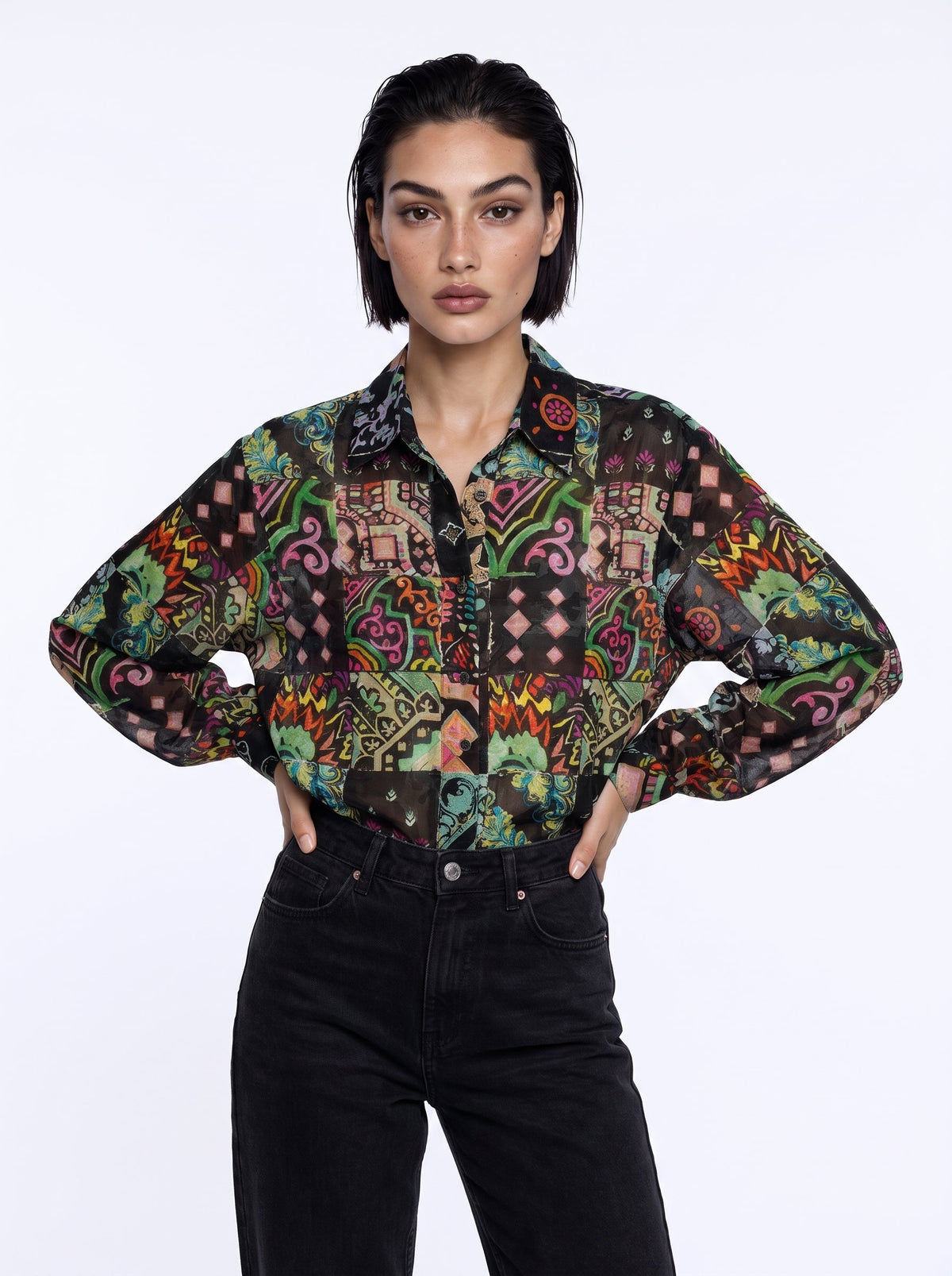 "JUNE" Silk Linen Blouse - Azulejo Dark Introvertie VIENNA