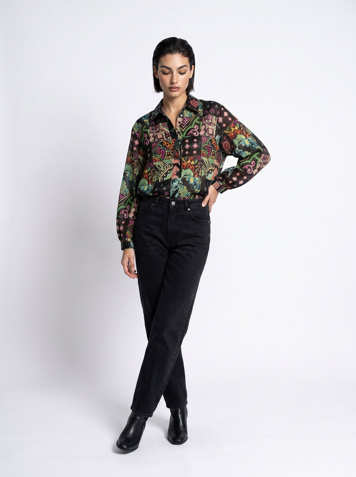 "JUNE" Silk Linen Blouse - Azulejo Dark Introvertie VIENNA