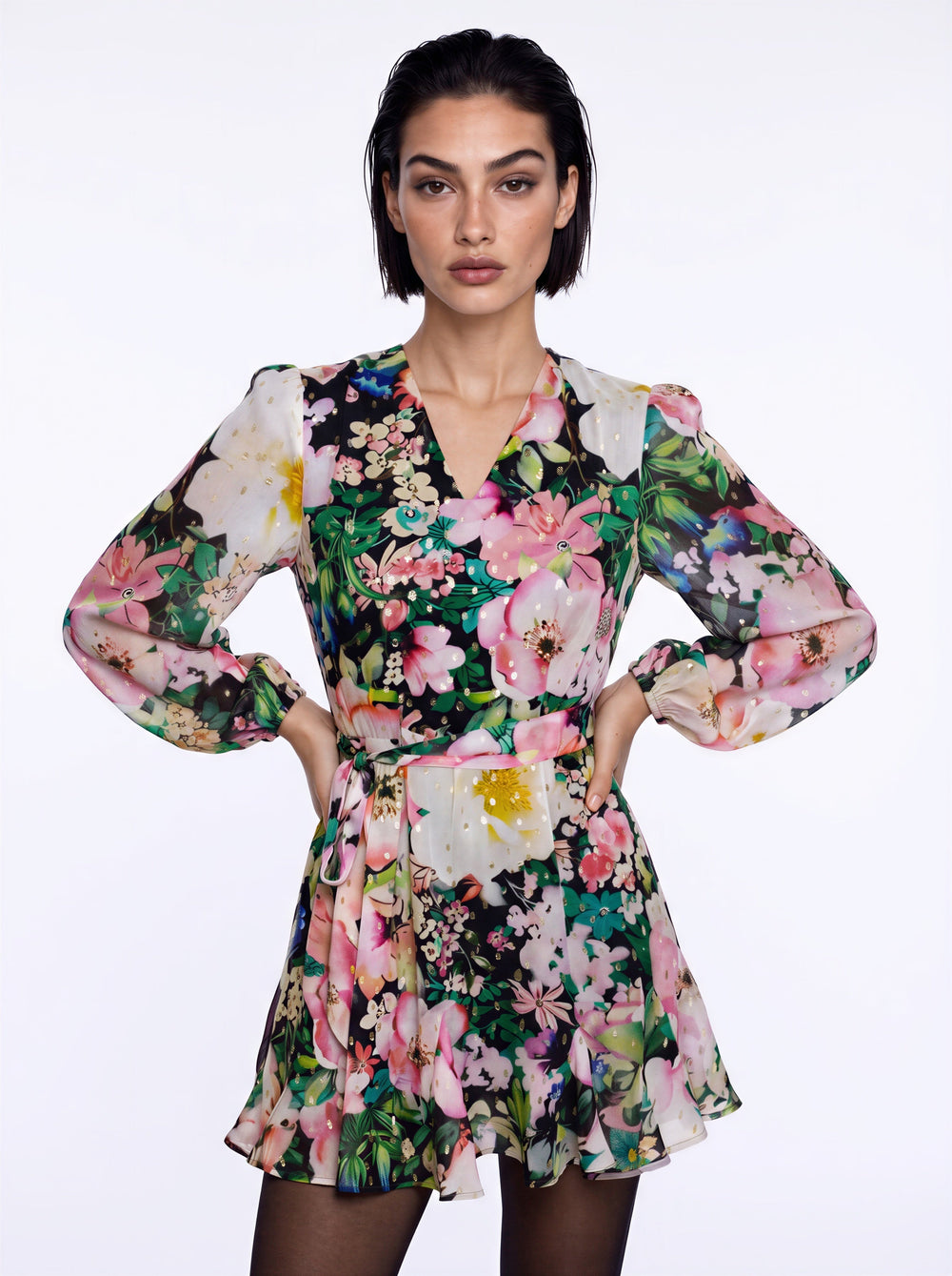 "SOHO MINI" Silk Cotton Balloon Sleeve Mini Dress - Azure Bloom Introvertie VIENNA