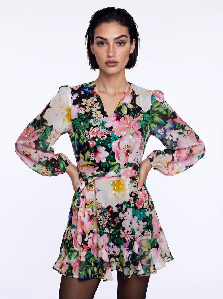 "SOHO MINI" Silk Cotton Balloon Sleeve Mini Dress - Azure Bloom Introvertie VIENNA
