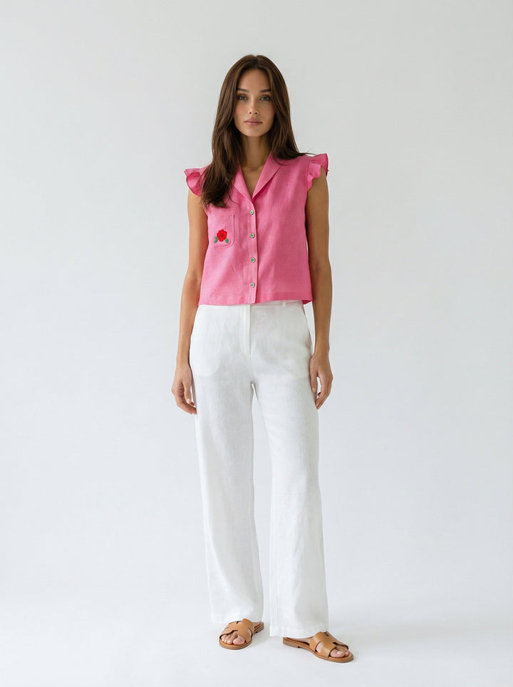 "MITZI" Hand-Embroidered Silk Linen Blouse Introvertie VIENNA