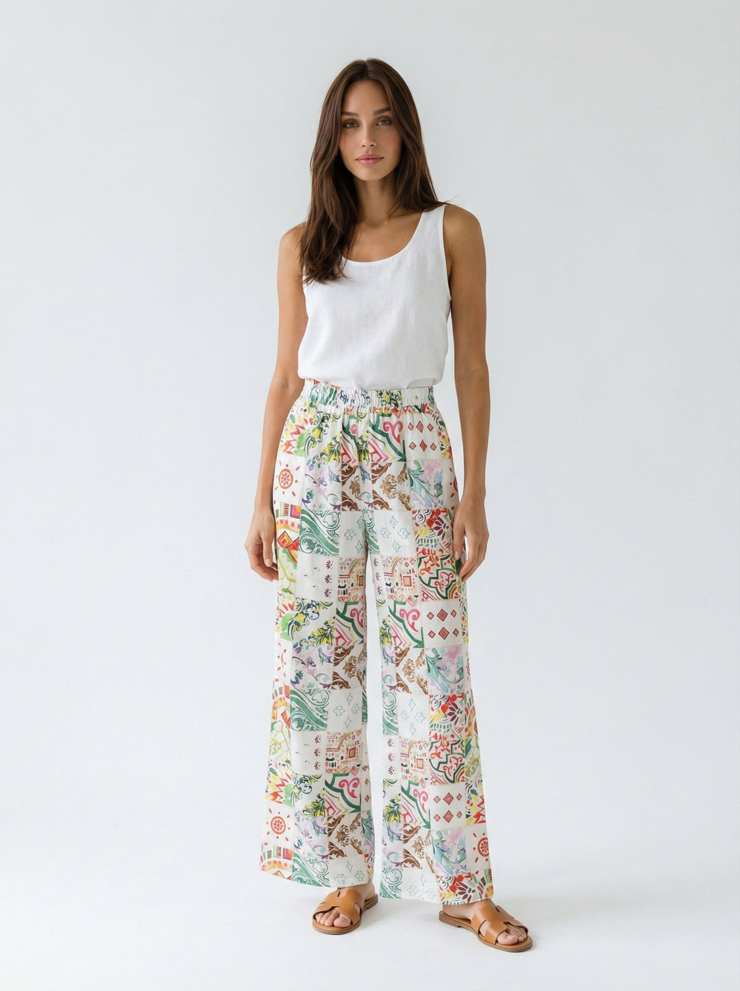 "JOHNNY" Stretch Silk Satin Palazzo Pants - Azulejo Dark Introvertie VIENNA