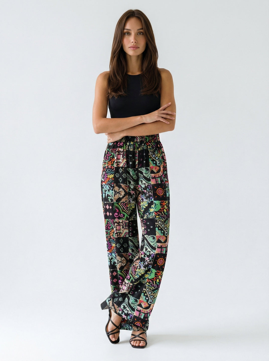 "JOHNNY" Stretch Silk Satin Palazzo Pants - Azulejo Dark Introvertie VIENNA