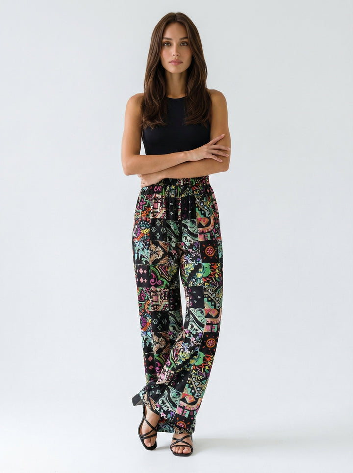 "JOHNNY" Stretch Silk Satin Palazzo Pants - Azulejo Dark Introvertie VIENNA