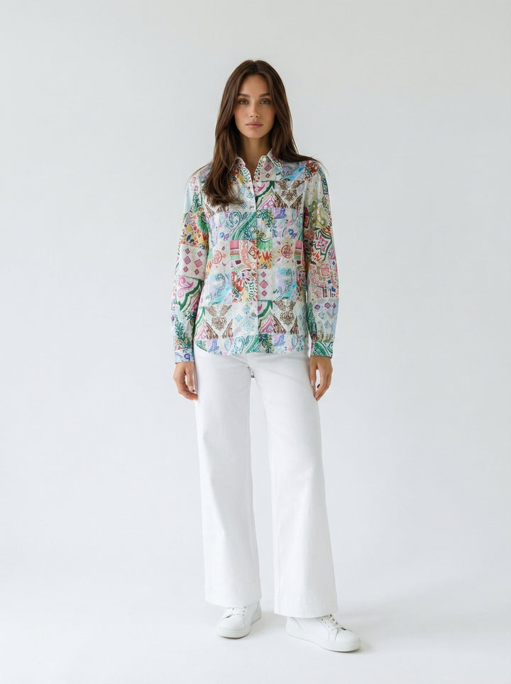 "JUNE" Silk Cotton Lurex Blouse - Azulejo Light Introvertie VIENNA