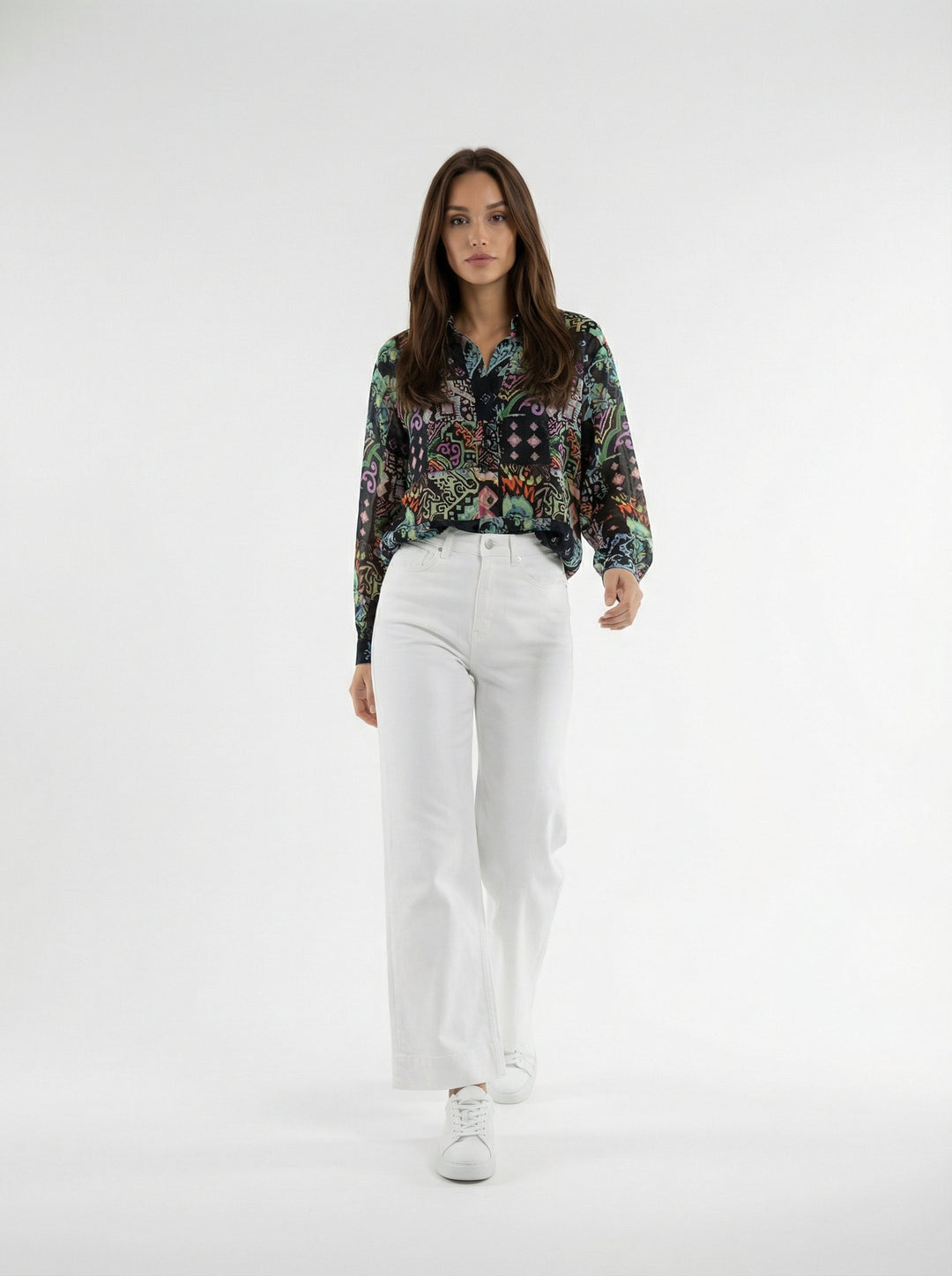 "JUNE" Silk Linen Blouse - Azulejo Dark Introvertie VIENNA