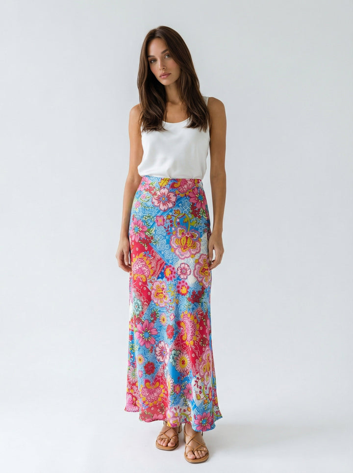 "OIA" Bias Cut Silk Skirt Maxi - Mosaic Multi Introvertie VIENNA
