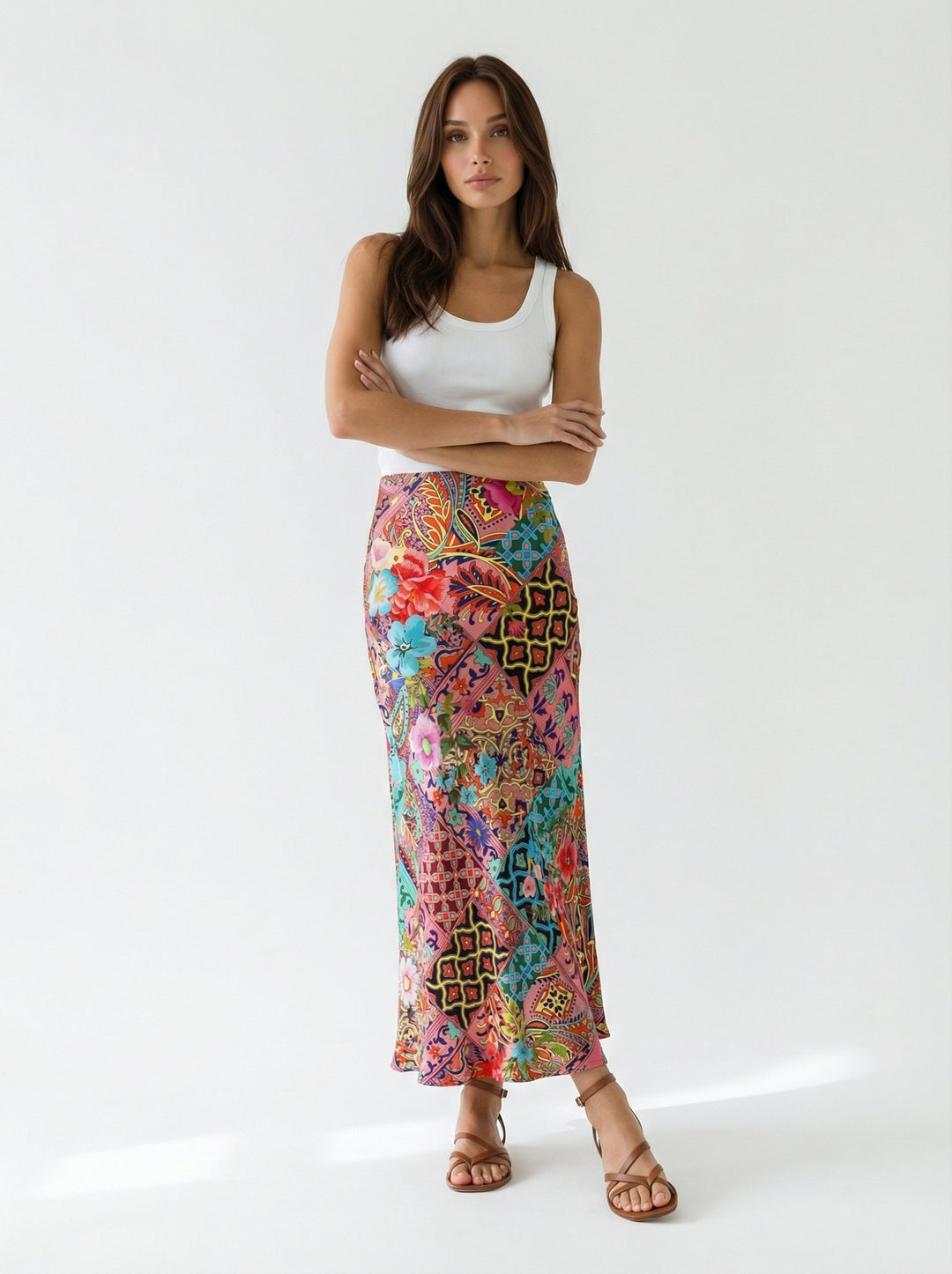 "OIA" Bias Cut Silk Skirt Maxi - Mosaic Multi Introvertie VIENNA