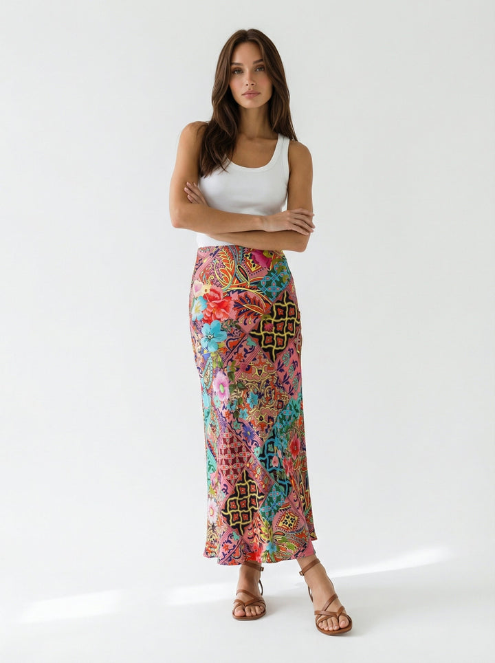 "OIA" Bias Cut Silk Skirt Maxi - Mosaic Multi Introvertie VIENNA
