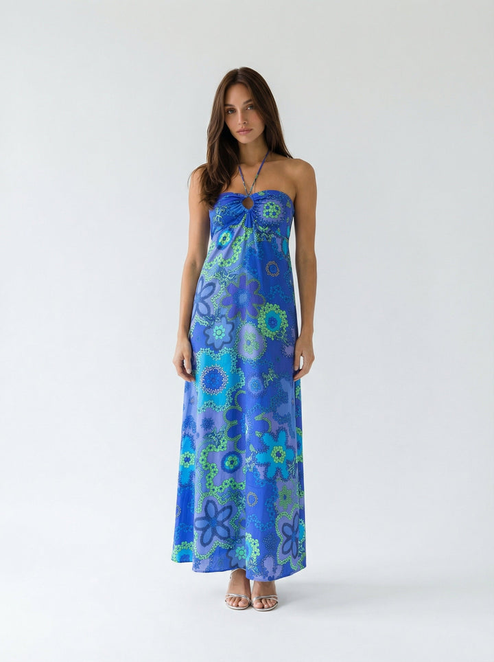 "FORGOT ABOUT YOU" Viscose/Rayon Maxi Dress - Azure Bloom Introvertie VIENNA