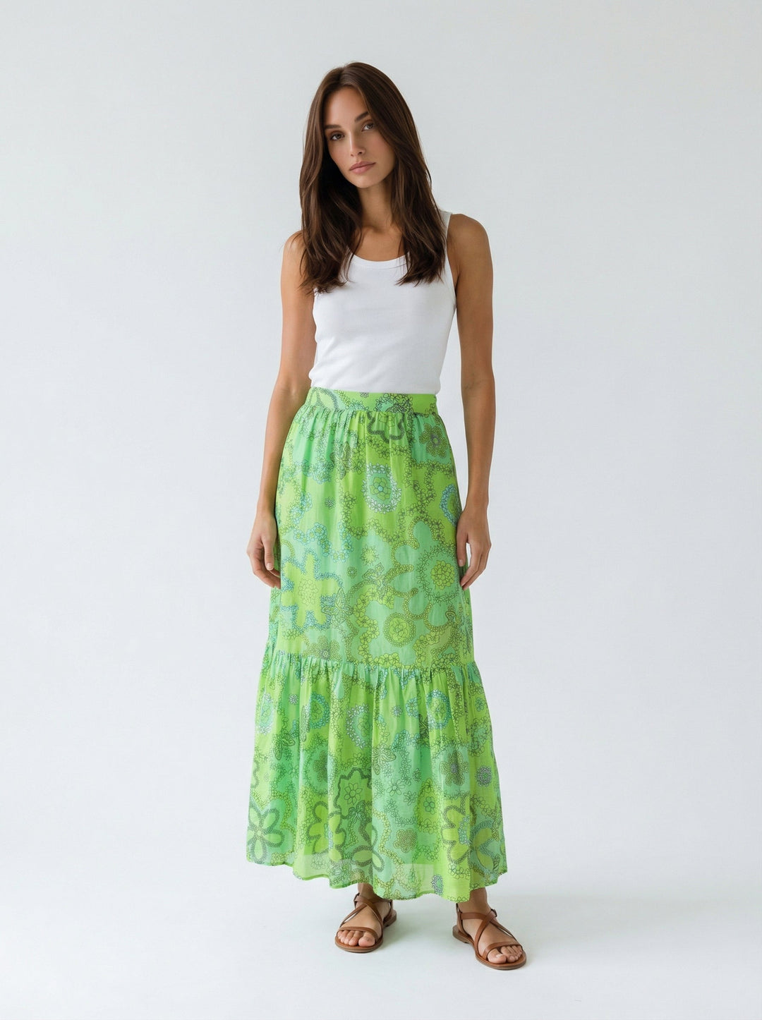 "SORRENTO" Silk/Linen Maxi Skirt Lime Bloom Introvertie VIENNA