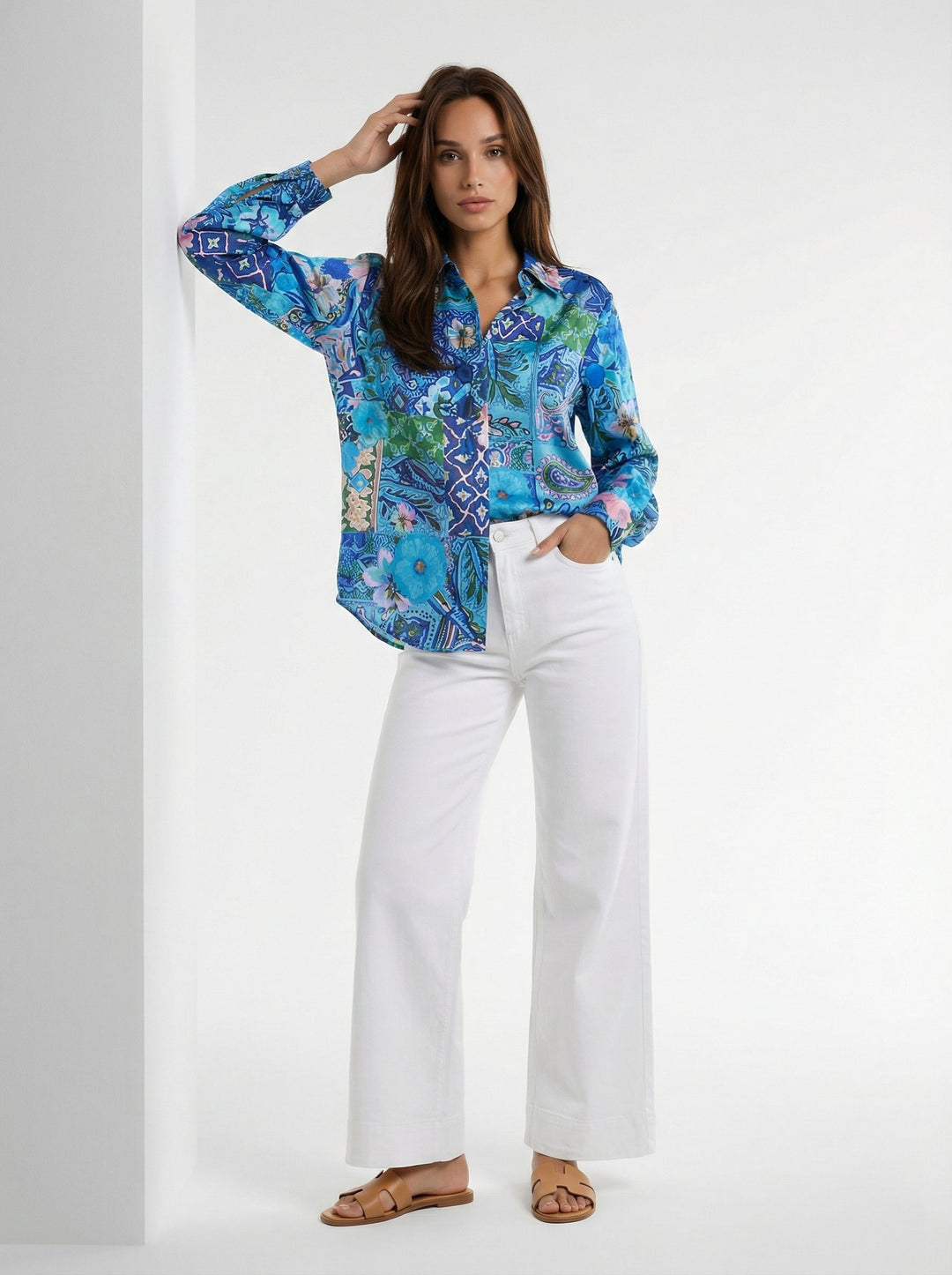 "JUNE" Silk Blouse - Magical Mosaic Azure Introvertie VIENNA