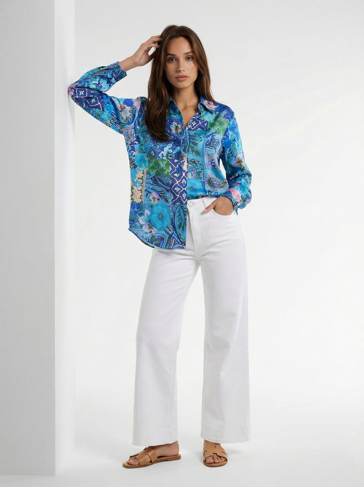 "JUNE" Silk Blouse - Magical Mosaic Azure Introvertie VIENNA