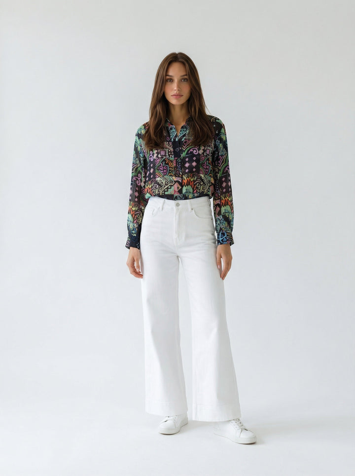 "JUNE" Silk Linen Blouse - Azulejo Dark Introvertie VIENNA