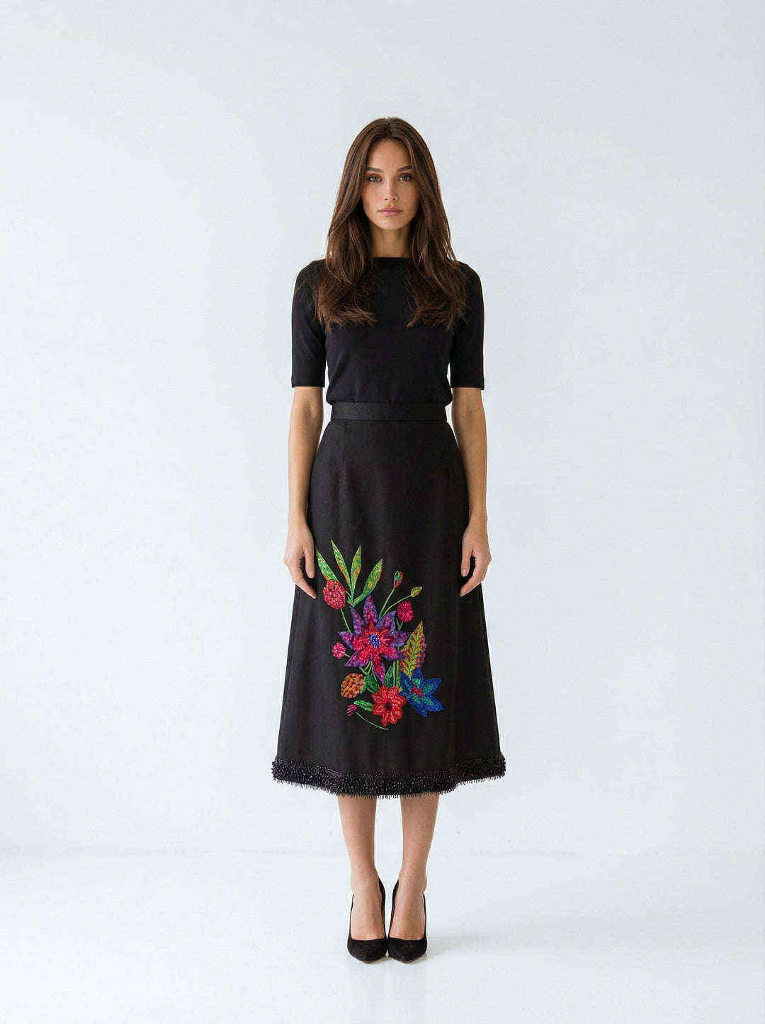 "RUMBA" Hand-Embroidered Silk Linen A-Line Skirt Noir Introvertie VIENNA