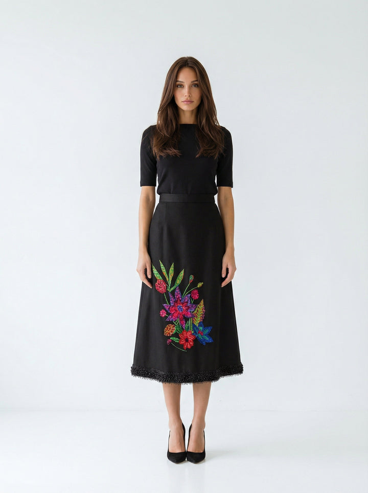 "RUMBA" Hand-Embroidered Silk Linen A-Line Skirt Noir Introvertie VIENNA