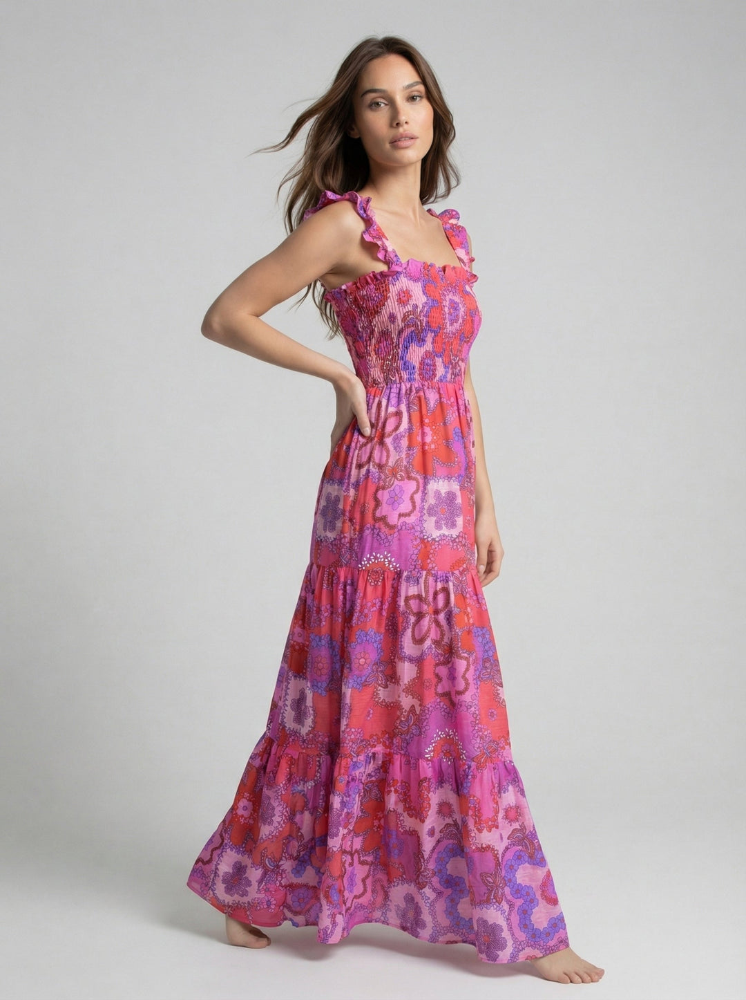 "GIRL GOT POCKETS" Shirred Silk/Linen Dress - Pink Bloom Introvertie VIENNA