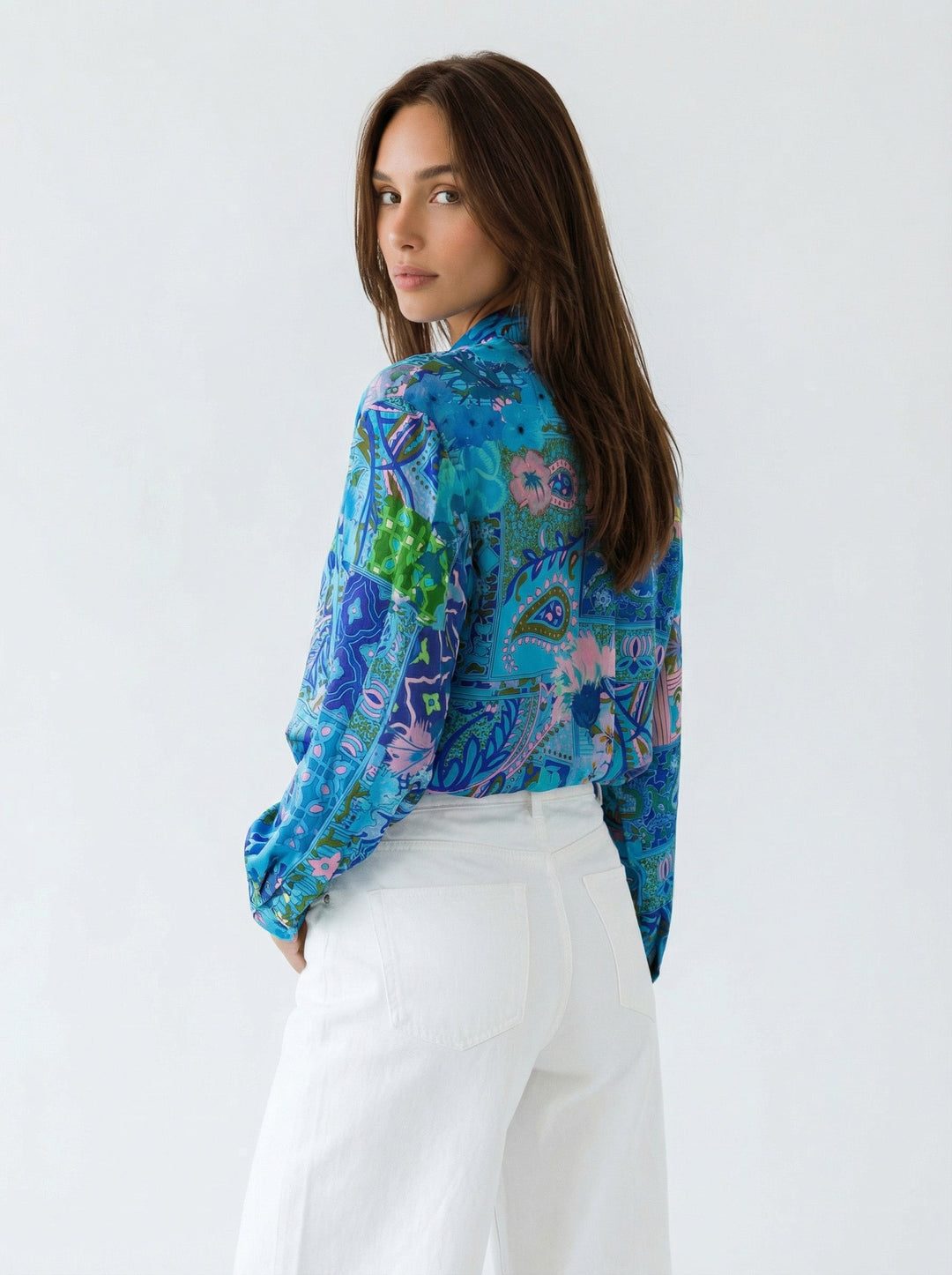 "JUNE" Silk Blouse - Magical Mosaic Azure Introvertie VIENNA