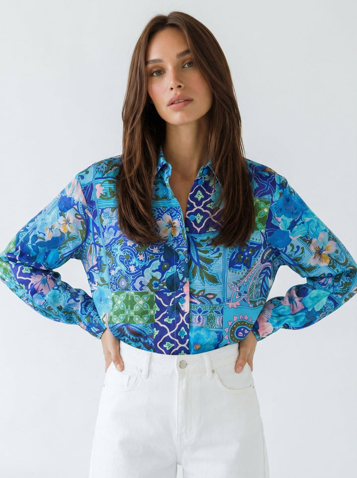 "JUNE" Silk Blouse - Magical Mosaic Azure Introvertie VIENNA