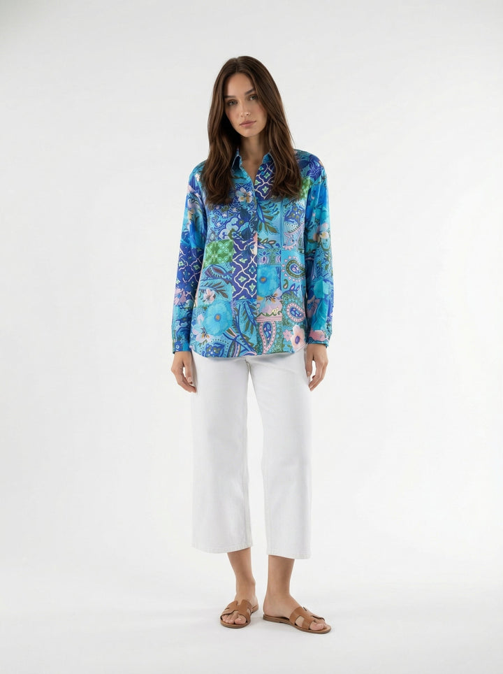 "JUNE" Silk Blouse - Magical Mosaic Azure Introvertie VIENNA