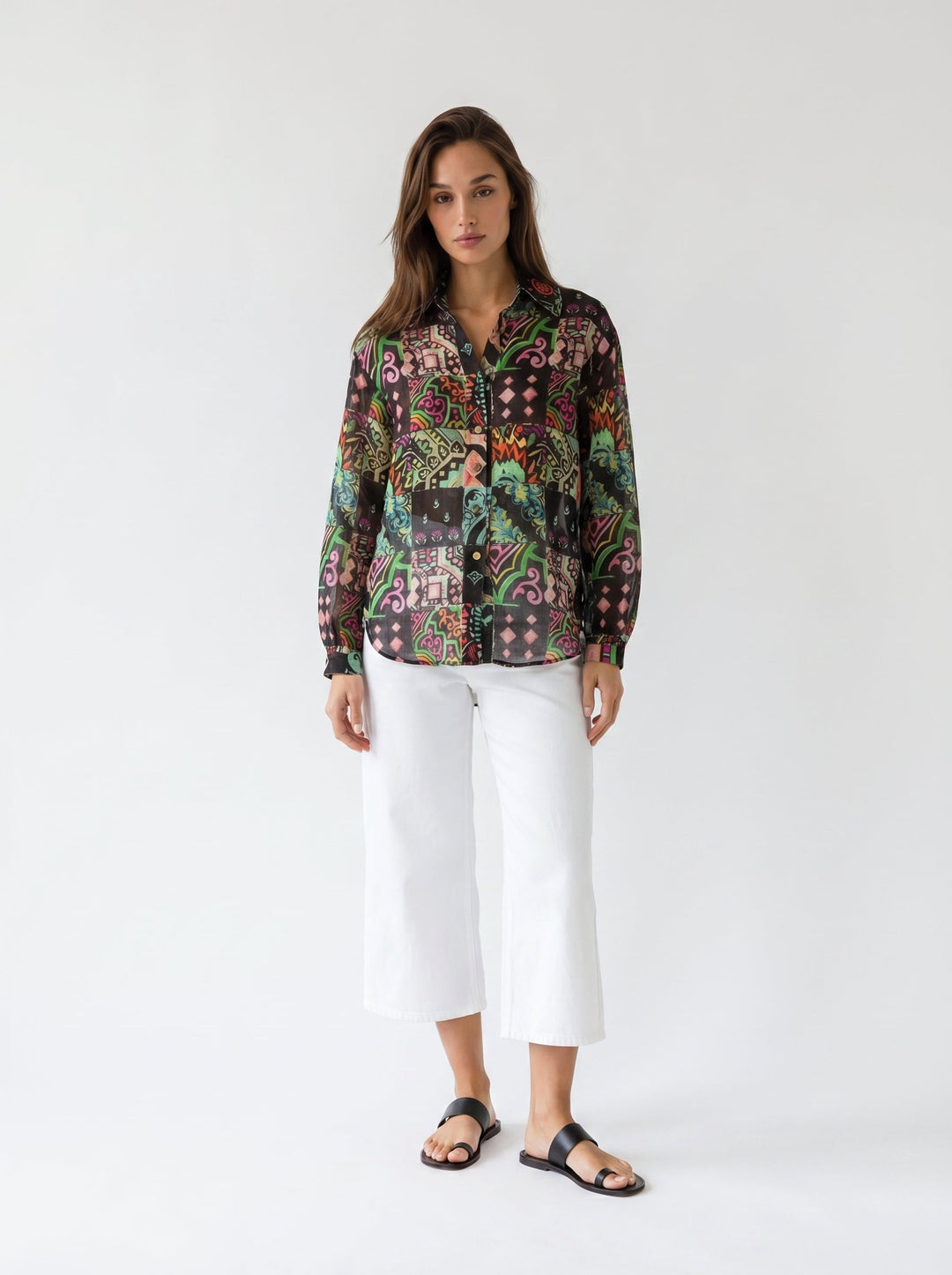 "JUNE" Silk Linen Blouse - Azulejo Dark Introvertie VIENNA