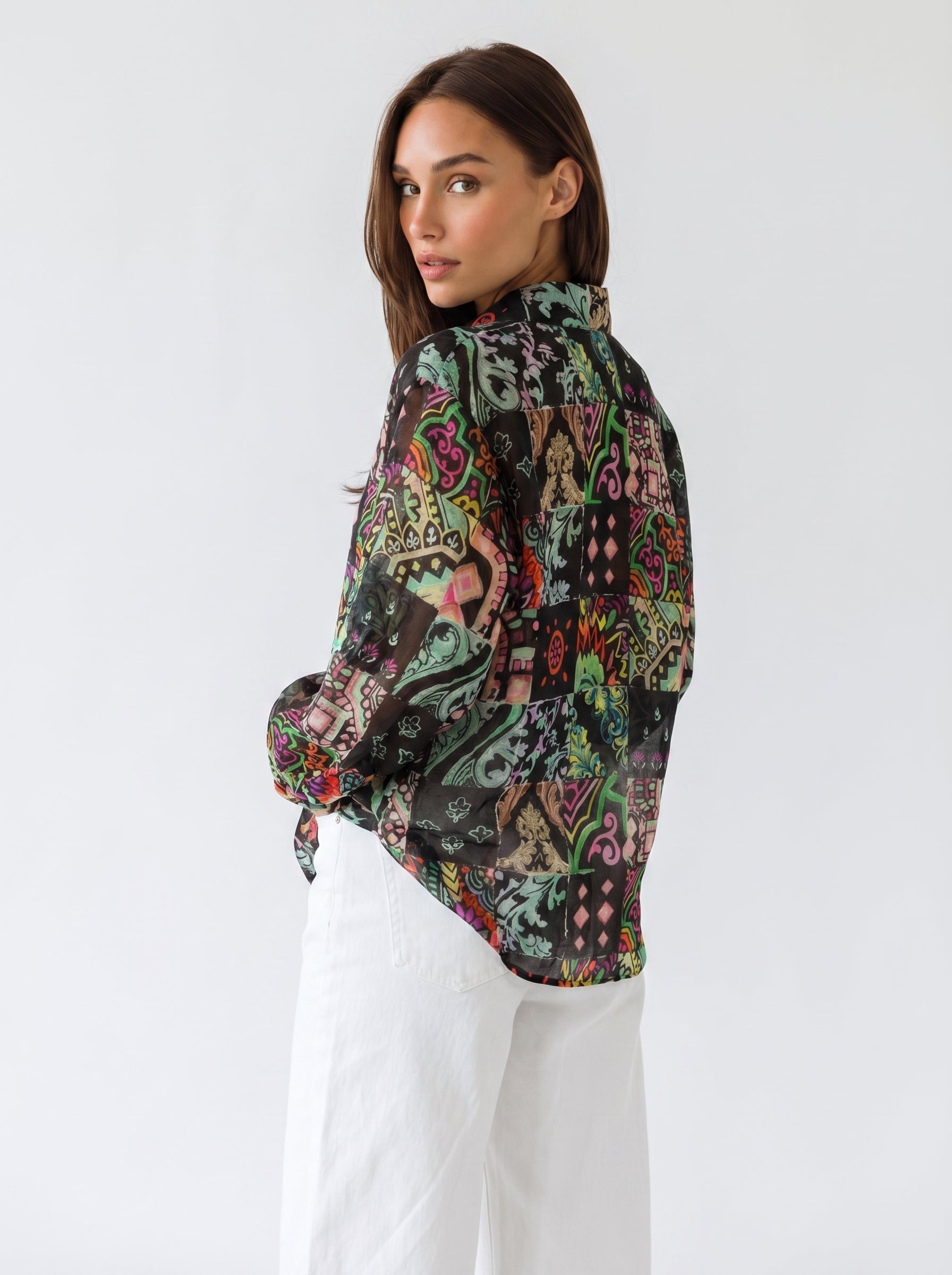 "JUNE" Silk Linen Blouse - Azulejo Dark Introvertie VIENNA