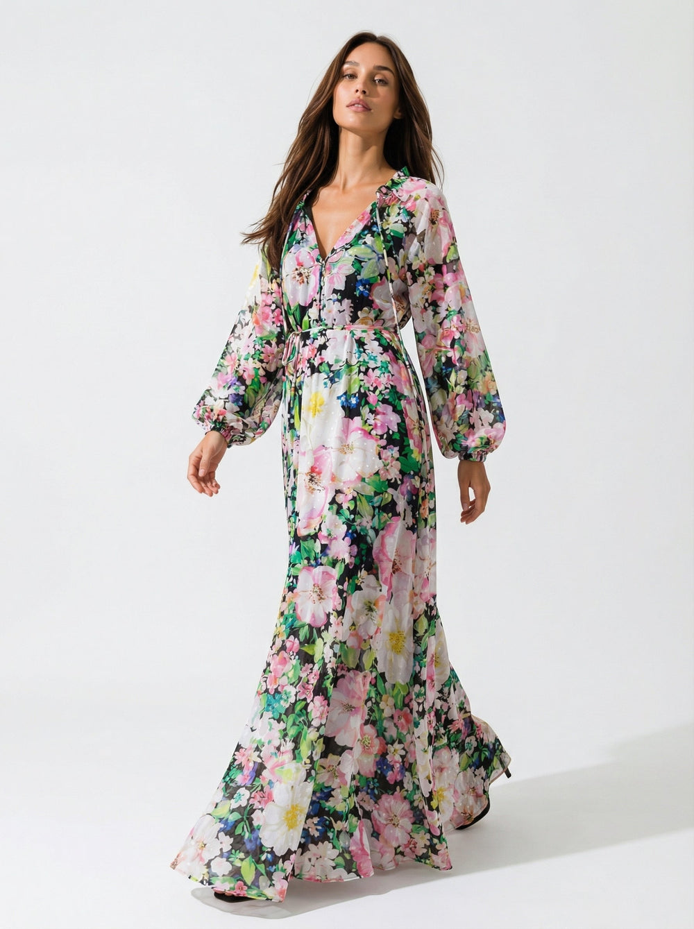 "ALEGRIA" Silk/Cotton Kaftan Maxi Dress - Azure Bloom Introvertie VIENNA