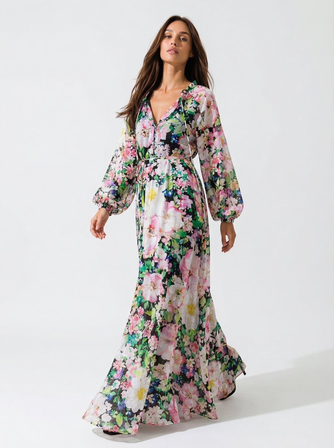 "ALEGRIA" Silk/Cotton Kaftan Maxi Dress - Azure Bloom Introvertie VIENNA