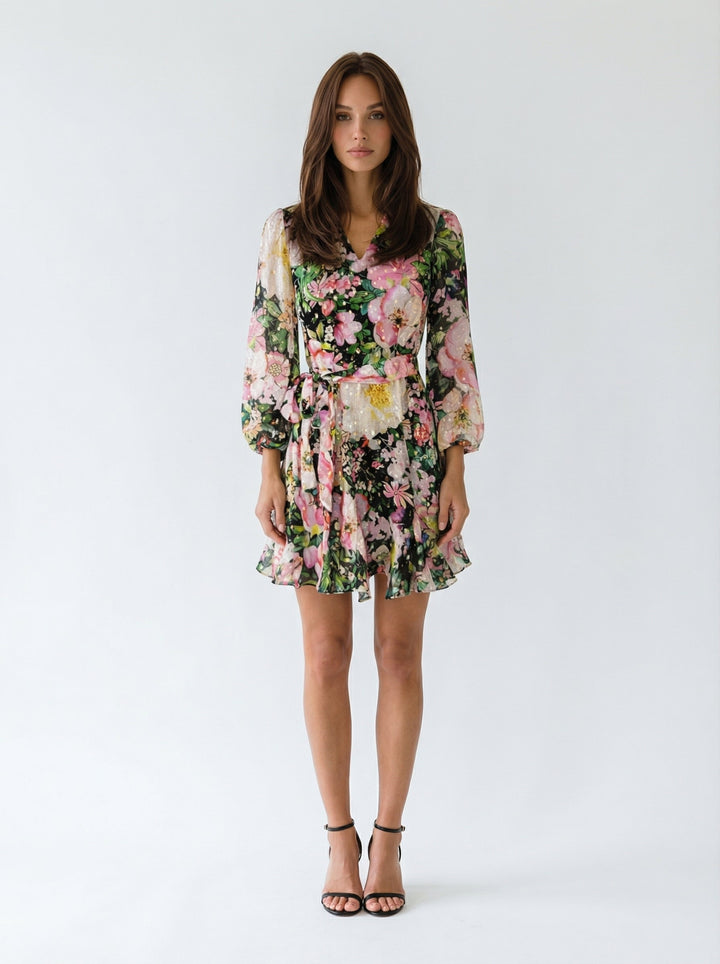 "SOHO MINI" Silk Cotton Balloon Sleeve Mini Dress - Azure Bloom Introvertie VIENNA