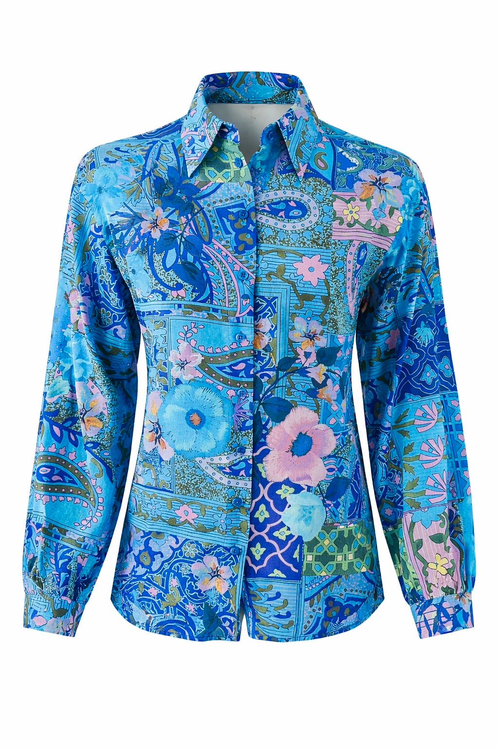 "JUNE" Silk Blouse - Magical Mosaic Azure Introvertie VIENNA