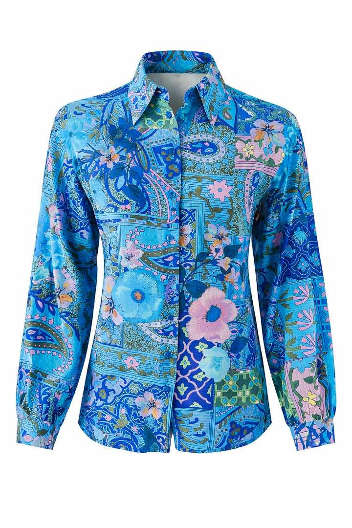 "JUNE" Silk Blouse - Magical Mosaic Azure Introvertie VIENNA