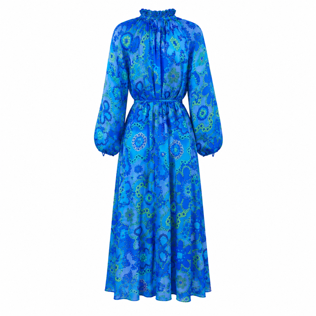"ALEGRIA" Silk/Cotton Kaftan Maxi Dress - Azure Bloom Introvertie VIENNA