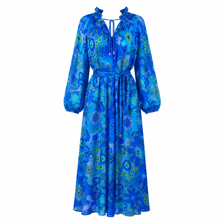 "ALEGRIA" Silk/Cotton Kaftan Maxi Dress - Azure Bloom Introvertie VIENNA